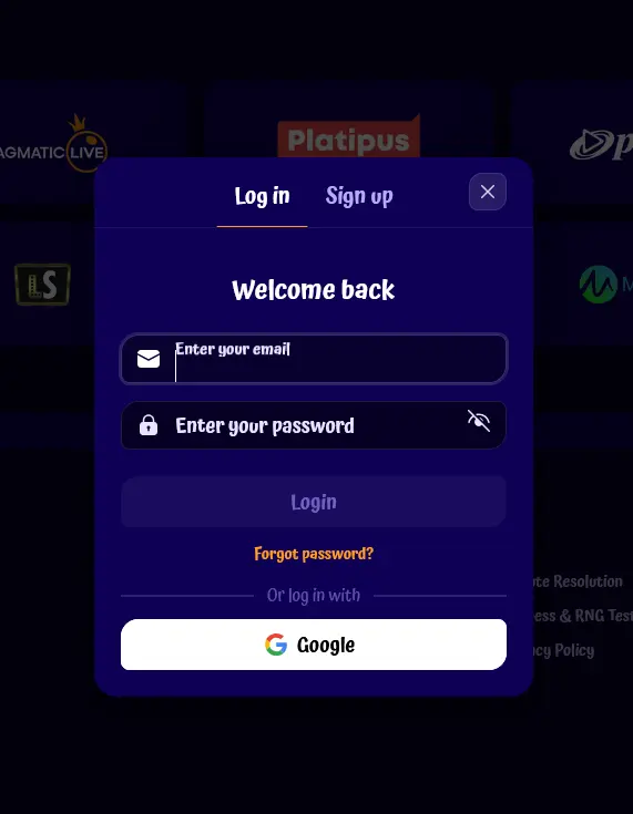 Přihlašovací formulář Spingranny Casino s polem pro e-mail a heslo