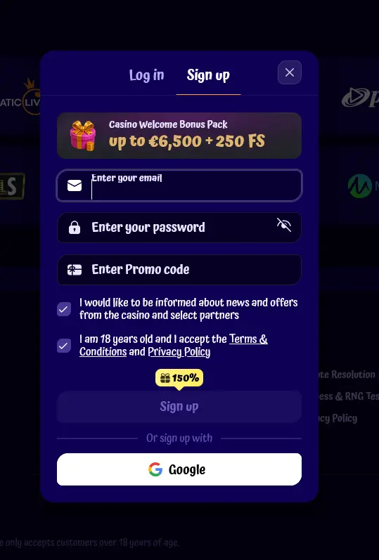 Registrační formulář Spingranny Casino s uvítacím bonusem při zakládání účtu